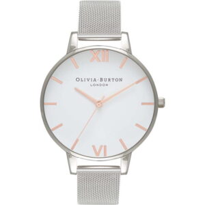 Olivia Burton Silver Mesh Watch with White Dial